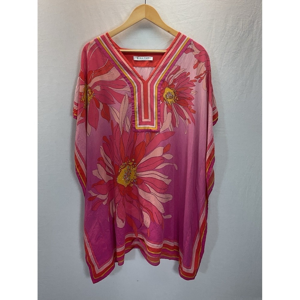 Trina Turk Theodora Caftan Dress Women's XS/S ‎ 100% Silk Floral Pink Orange